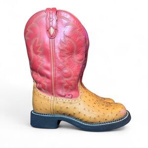 Justin Gypsy L9911 Women’s 7 Western Cowboy Boots Ostrich Print Red Leather